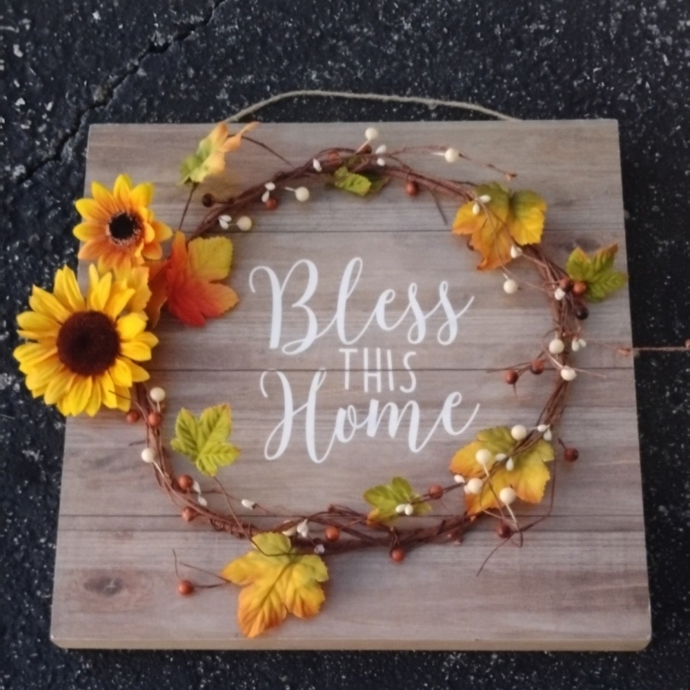 Bless This Home Autumn Sunflower Wall Sign - Yellow
